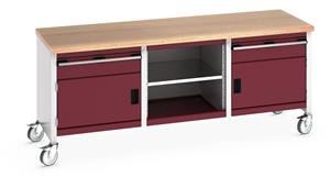 41002121.** Bott Cubio Mobile Storage Workbench 2000mm wide x 750mm Deep x 840mm high supplied with a Multiplex (layered beech ply) worktop,2 x 150mm high drawers, 2 x 350mm high integral storage cupboards and 1 x mid section with full depth adjustable mid shelf....